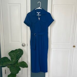 10 Crosby Derek Lam Blue Belted Midi Dress | Short Sleeve Utility Chic | Size 4